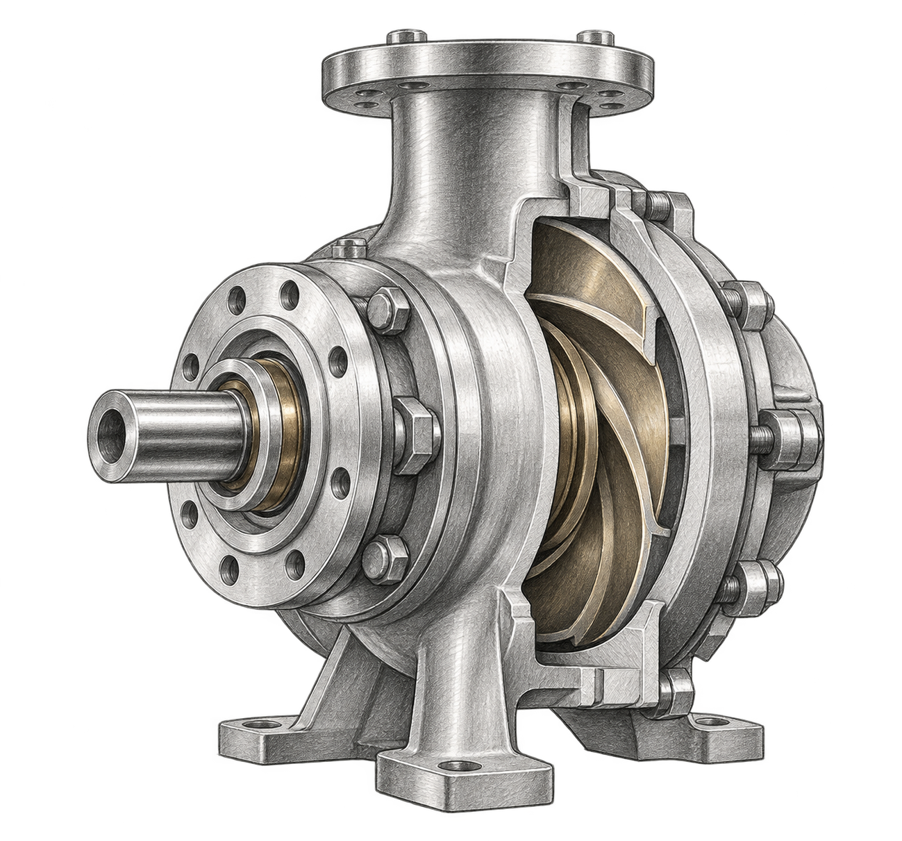 Pencil cutaway illustration of a pump showing its casing, shaft and curved impeller vanes