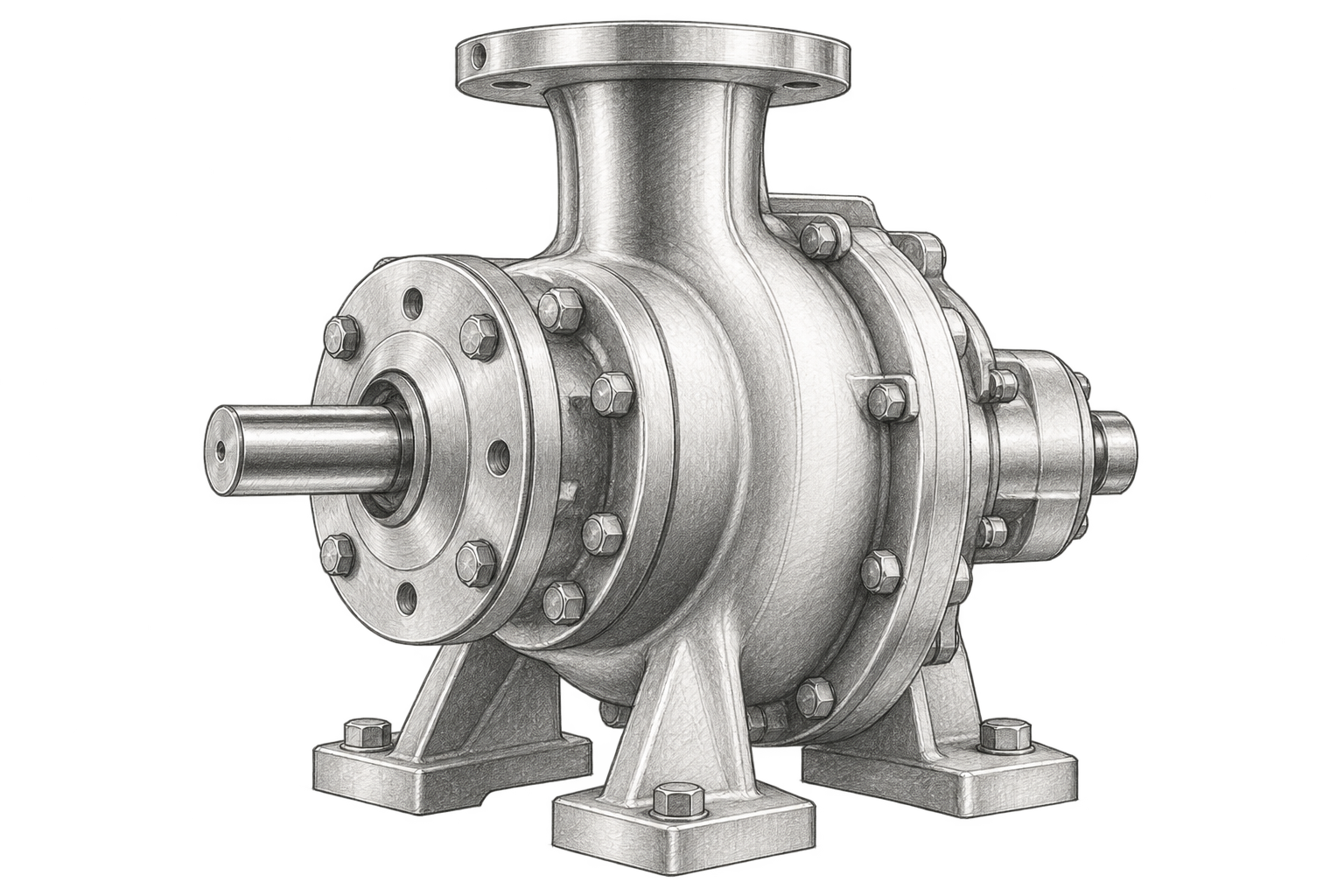 Graphite pencil illustration of a centrifugal pump casing with a front shaft, bolted flanges and mounting feet
