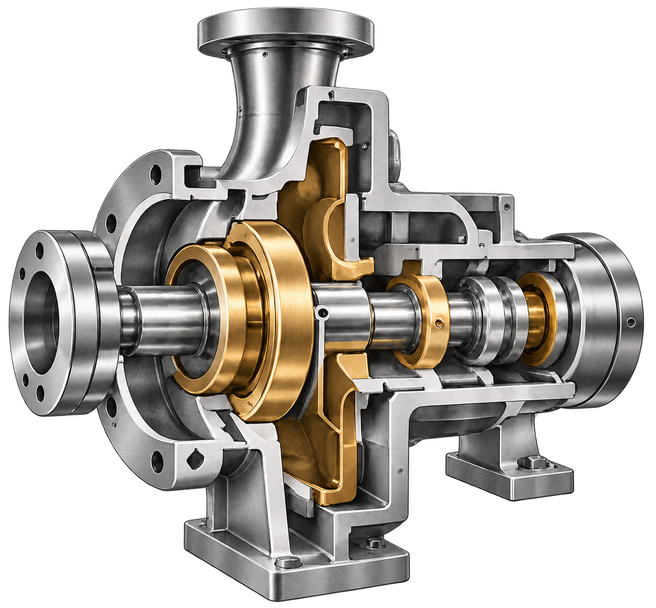 Detailed pump cutaway showing the shaft, brass impeller, wear surfaces and bearing arrangement