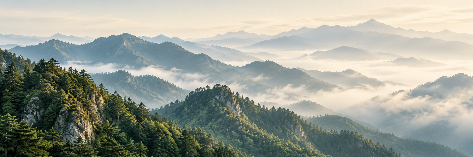 Layered green mountain ridges fading into mist