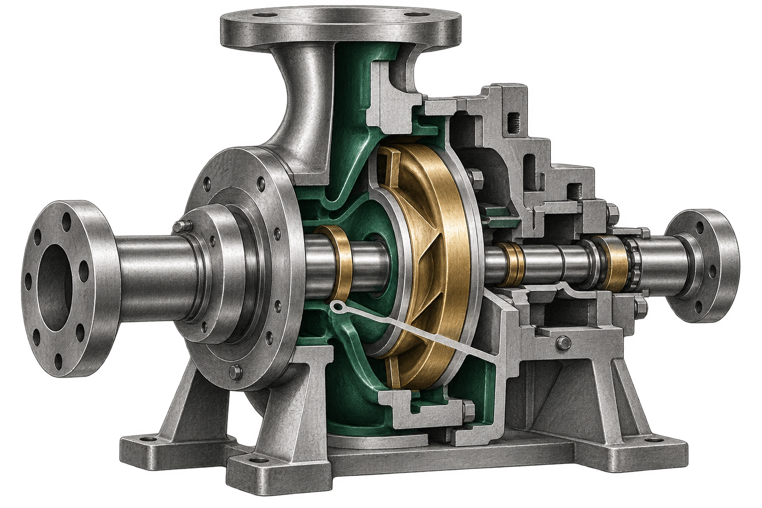 Longitudinal pump cutaway with green internal casing, brass impeller, shaft, sleeve and bearing supports