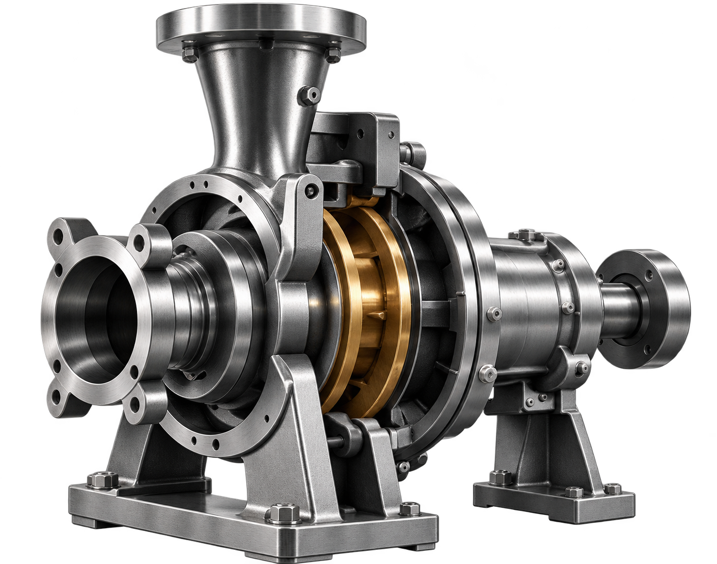 Centrifugal pump cutaway showing its shaft, casing and brass impeller